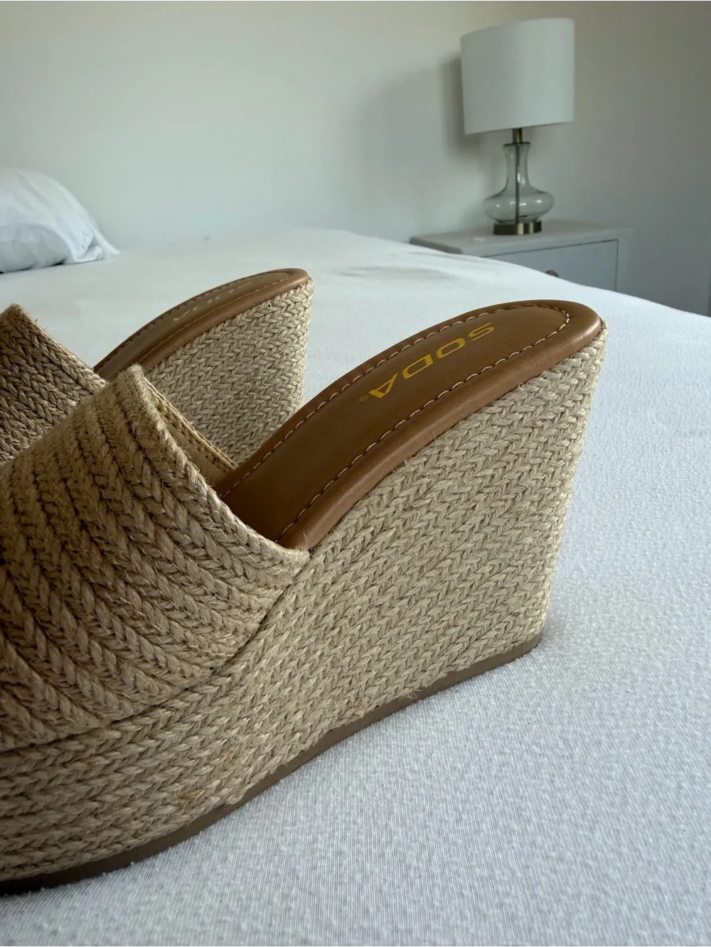 Soda Natural-Tone Raffia Wedge Slide Sandals